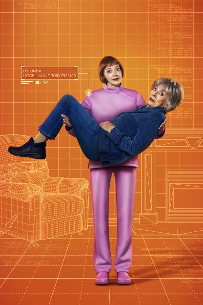 Illustration of Diane Morgan as Linda, an Ann Droid, holding Sue Johnston as Sue in her arms against an orange backdrop with digital schematics.