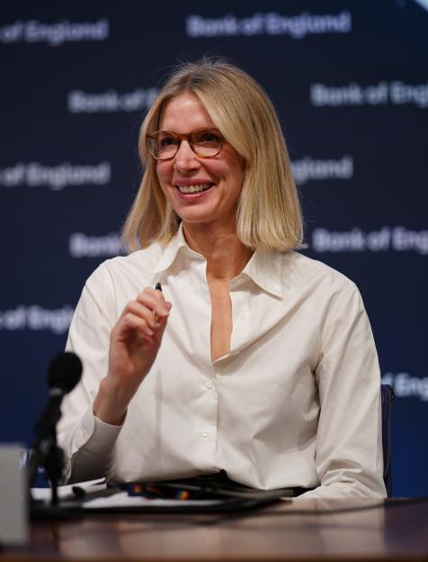 Katie Martin, Head of Media and Stakeholder Engagement for The Bank of England, at a press conference.