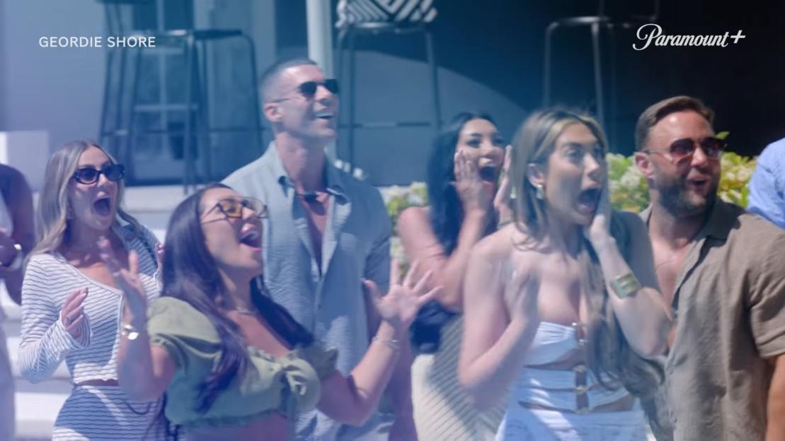 A group of young people from Geordie Shore looking shocked and excited.