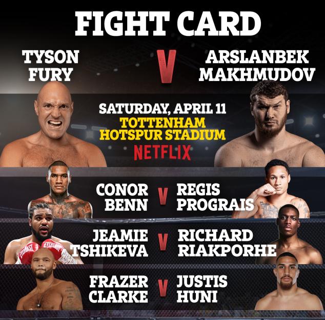Fight card for Tyson Fury vs. Arslanbek Makhmudov, Conor Benn vs. Regis Prograis, Jeamie Tshikeva vs. Richard Riakporhe, and Frazer Clarke vs. Justis Huni.
