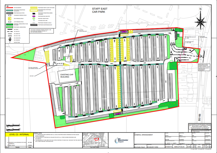 Illustration of a detailed site plan for the Staff East Car Park, showing parking spaces, existing and proposed features, landscaping, and access points.