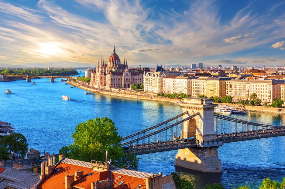 Panoramic view of famous Chain Bridge and Budapest Parliament at sunset over Danube river