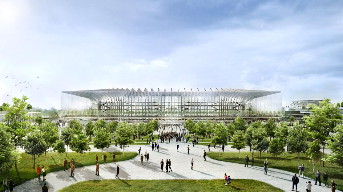 Illustration of a stadium master plan with people in a park in the foreground.