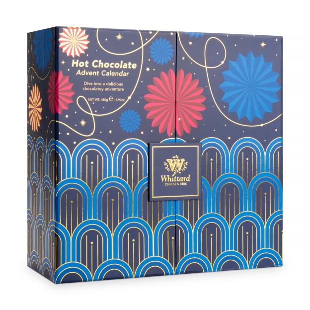 Whittard Hot Chocolate Advent Calendar, a dark blue box with gold, pink, and blue designs.