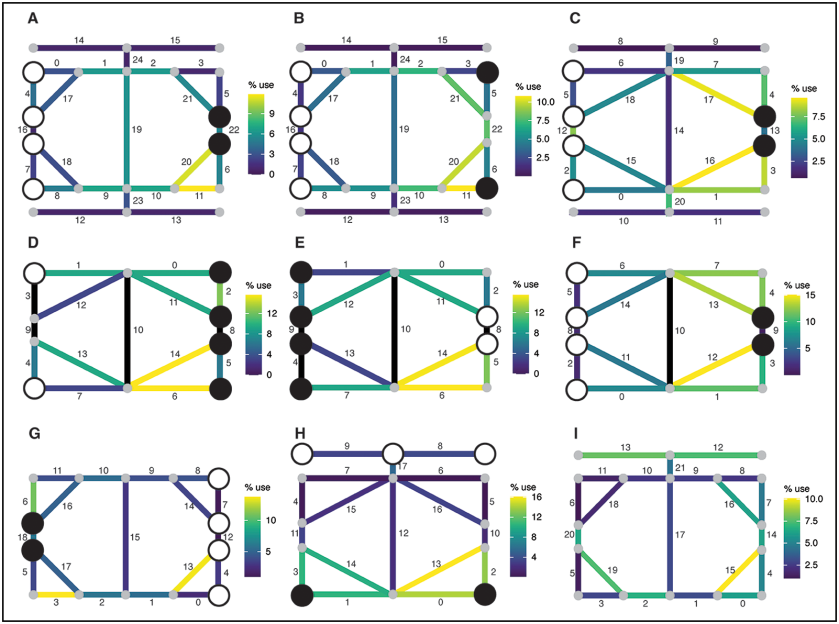 Illustration of nine graphs with nodes and edges, colored according to the percentage of use, each with a different configuration of black and white nodes.