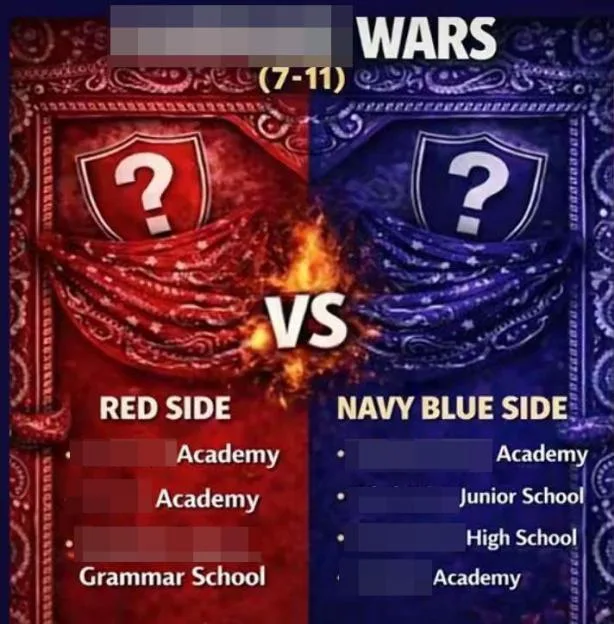 Illustration of a 'School Wars' Red vs Blue team poster dividing London schools into opposing sides.
