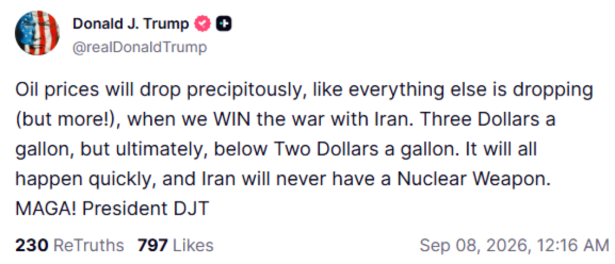 A social media post by Donald J. Trump predicting low oil prices and an Iranian defeat in a future war.