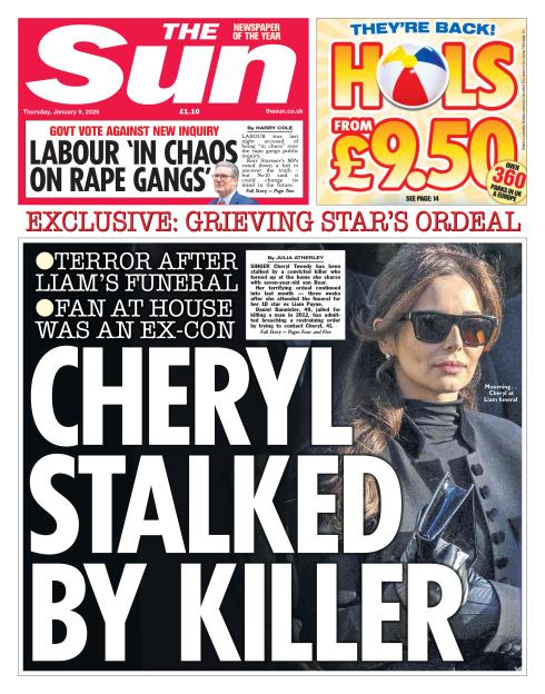 Front page of The Sun newspaper with headlines "CHERYL STALKED BY KILLER" and "LABOUR 'IN CHAOS' ON RAPE GANGS".