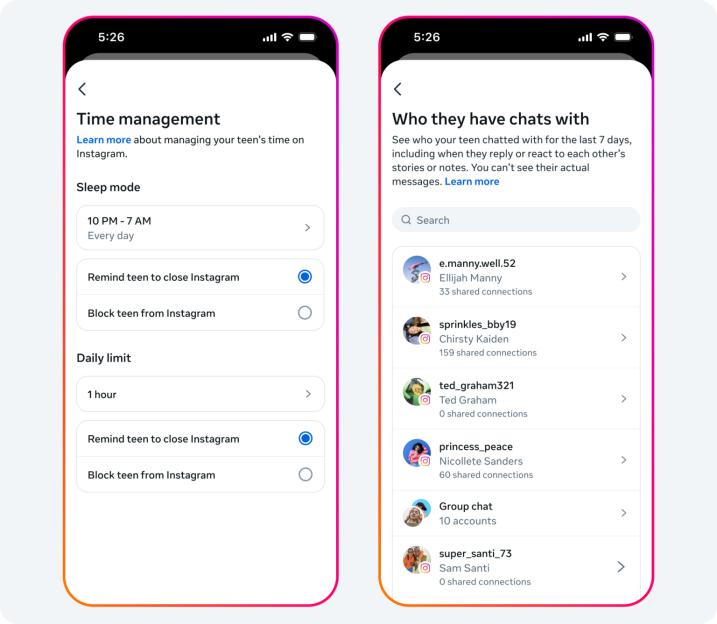 Illustration of Instagram's Time Management and Chat History features on a mobile device.