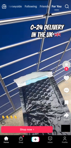 A TikTok ad for counterfeit cash that offers 0-24 delivery in the UK.