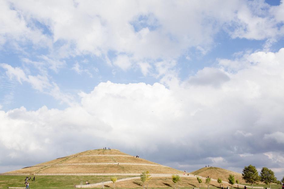 Artificial mounds made from waste from Wembley Stadium and White City in NW London, with pathways for visitors.