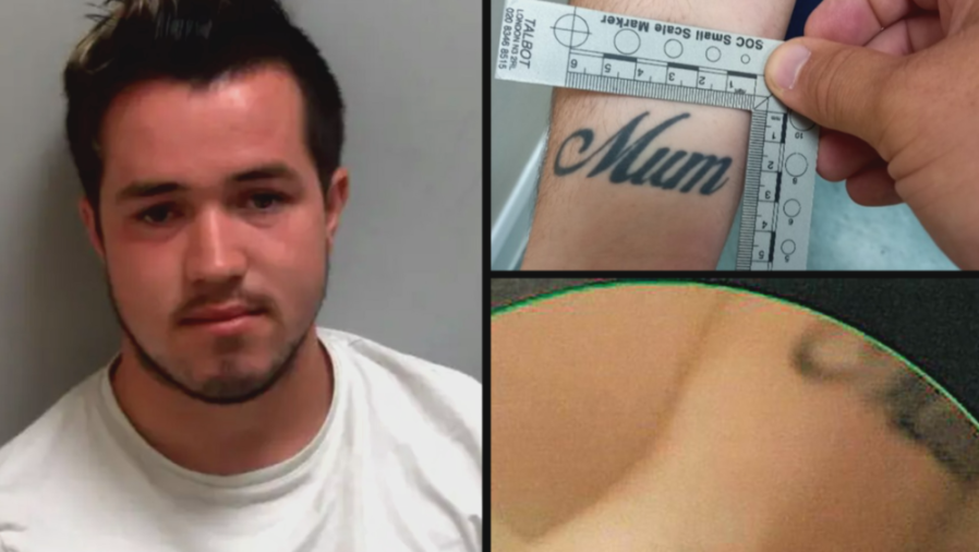 Collage of a mugshot of Jay Lang, a photo of his "Mum" tattoo being measured, and a screenshot.