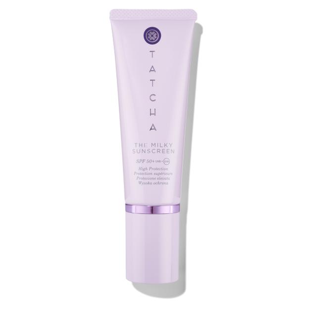 Tatcha The Milky Sunscreen with SPF 50+ UVB + UVA in a light purple tube.