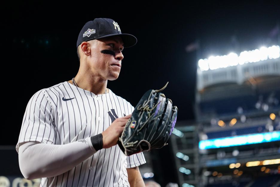 Aaron Judge of the New York Yankees looks on after winning Game Three of the American League Division Series.