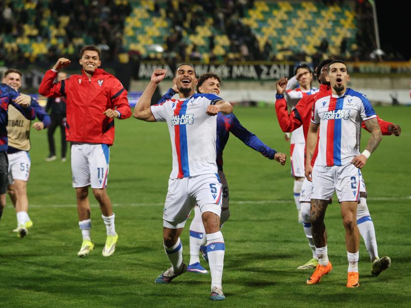 Larnaca, Cyprus. 19th Mar, 2026. LARNACA, CYPRUS, MARCH 18: Maxence Lacroix of Crystal Palace celebrate the victory at full time after the 2-1 victory during the match between AEK Larnaca FC and Crystal Palace FC in the UEFA Conference League 2025-26