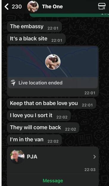 A phone displaying text messages from "The One" about being arrested, and a message from "PJA" about people being detained.