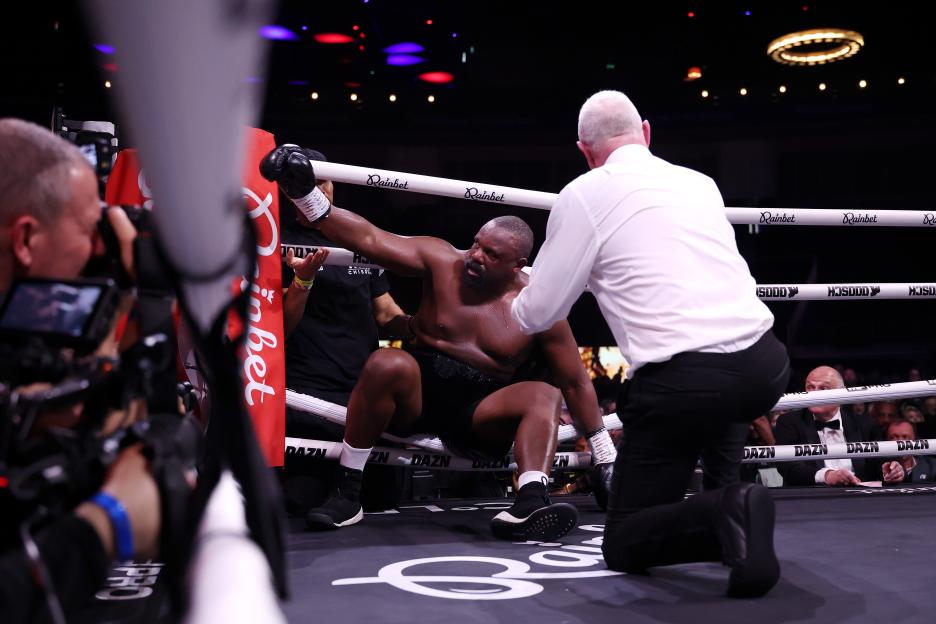 Dereck Chisora is knocked down during a Heavyweight fight.