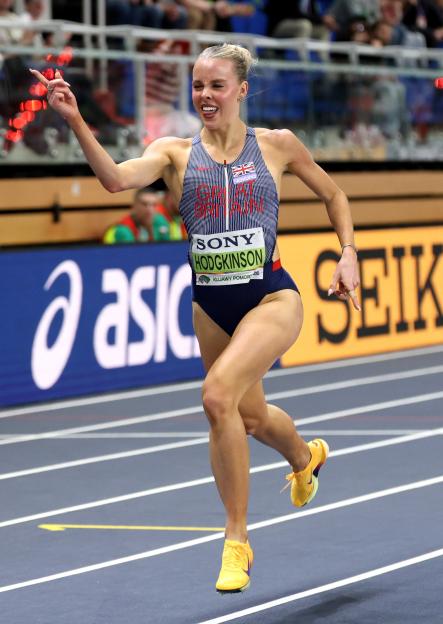 Keely Hodgkinson celebrating after her race at the World Athletics Indoor Championships.