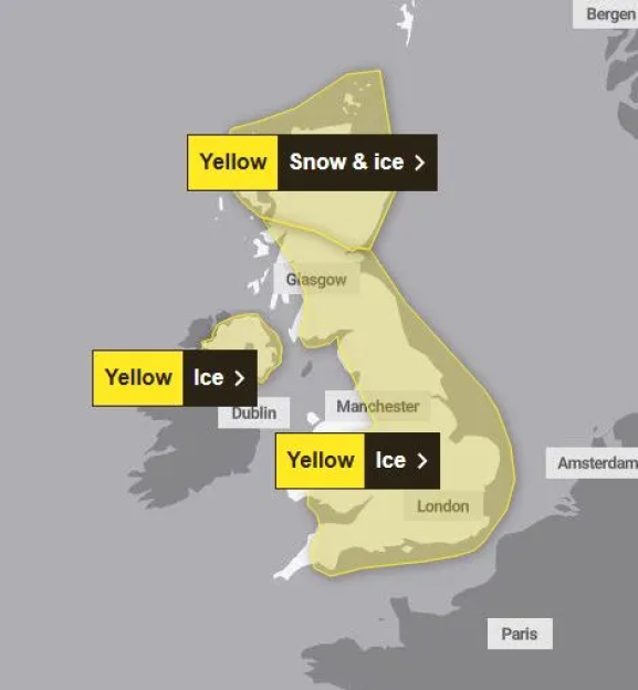 Illustration of weather warnings for snow and ice across the United Kingdom and Ireland.