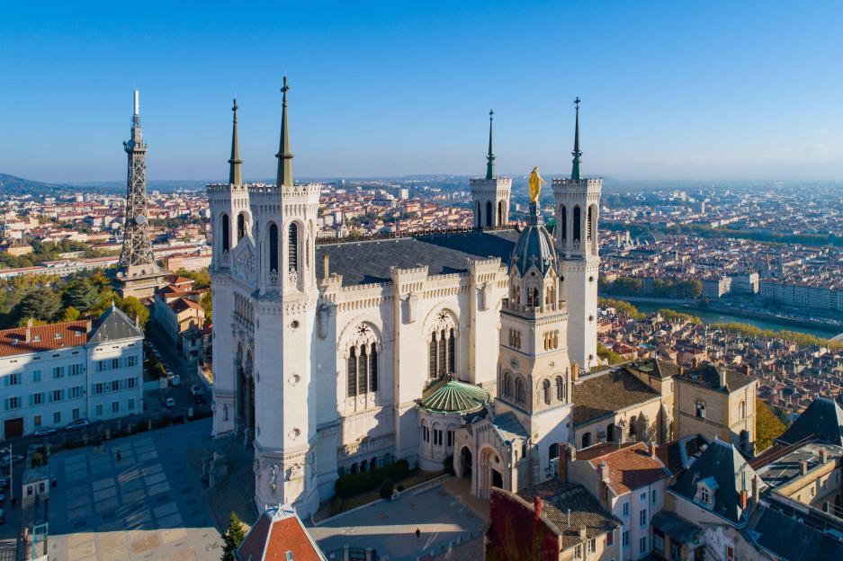 Lyon, Aerial view of Notre Dame de Fourviere Basilica