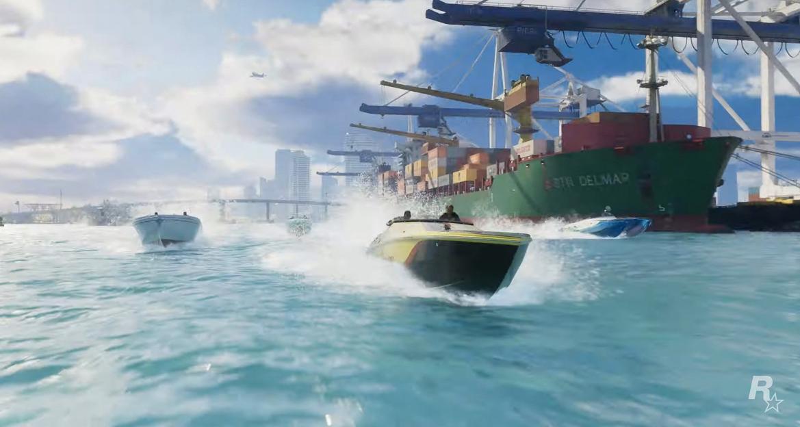 A video game still from Grand Theft Auto VI shows three speedboats racing in the foreground, with a large cargo ship, city skyline, and a small airplane in the background.