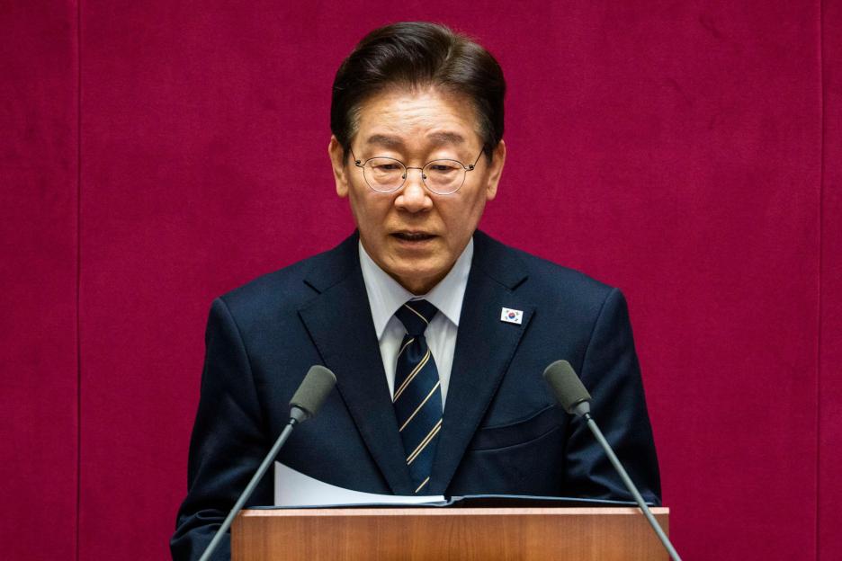 Seoul, South Korea. 2nd Apr, 2026. LEE JAE MYUNG, president of South Korea, addresses a session of the National Assembly during an administrative speech on Thursday, April 2, 2026 in Seoul, South Korea. The Lee government is asking for an emergency s