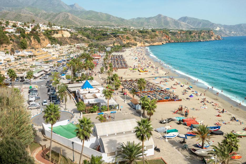 View of beach in Nerja. Malaga province, Costa del Sol, Andalusia, Spain