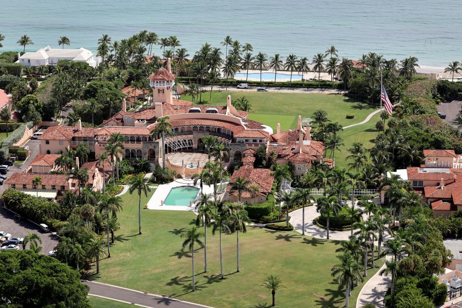 Aerial view of Mar-a-Lago estate in Palm Beach, Florida, with the ocean in the background.