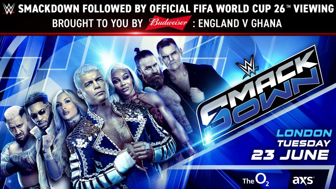 WWE SmackDown event poster with various wrestlers and event details.