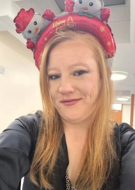 Amanda Martin wearing a festive Christmas headband.