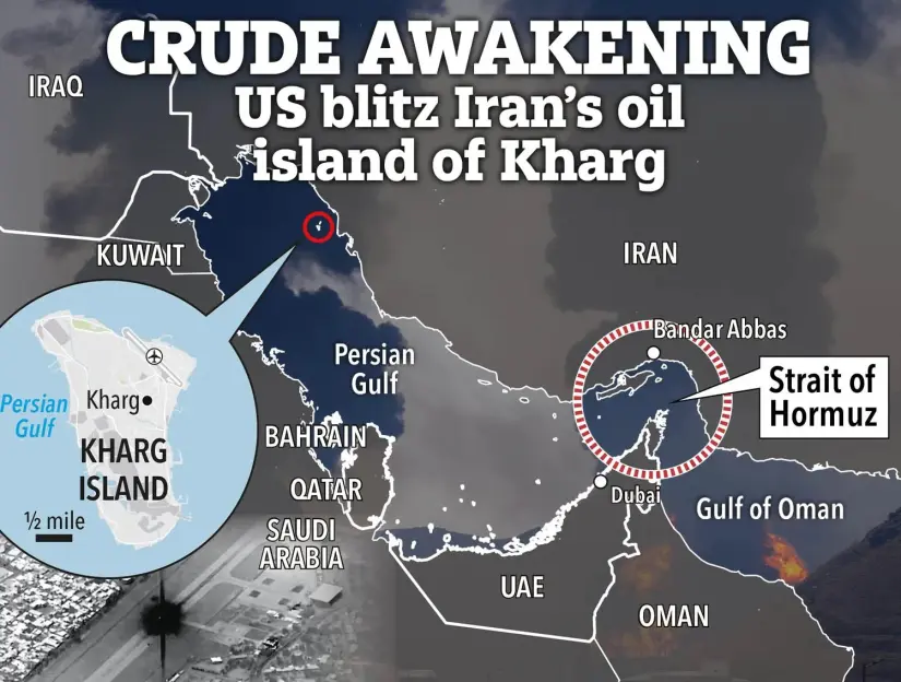 Illustration of a map showing Kharg Island, the Persian Gulf, and the Strait of Hormuz.