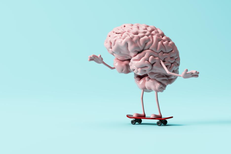 Illustration of a pink brain with arms and legs skateboarding, symbolizing mental health and active lifestyle.