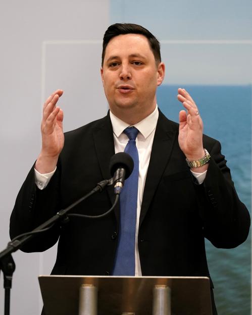 Conservative party candidate Lord Ben Houchen delivering a speech.