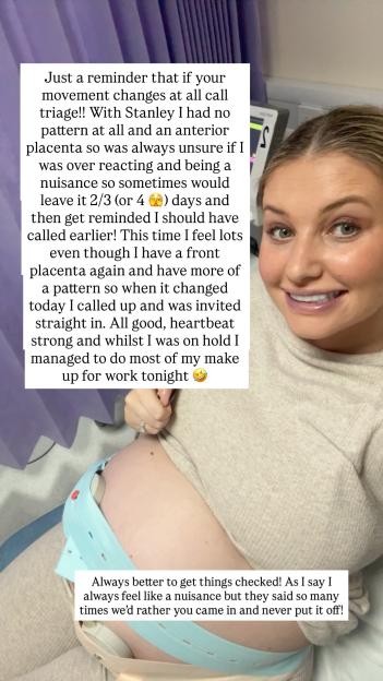 Amy Hart in a hospital bed with fetal monitoring straps on her pregnant belly.