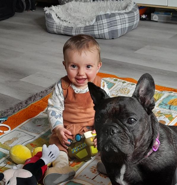 A smiling 16-month-old baby in brown overalls sits on a patterned blanket next to a black French Bulldog.