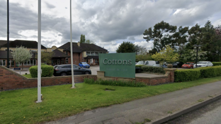 Cottons Hotel & Spa, Knutsford, with a large green sign at the entrance.