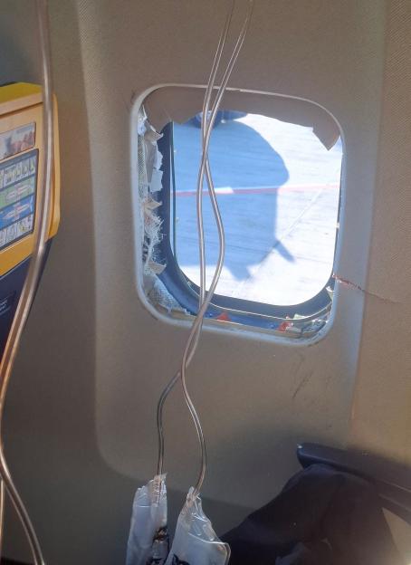 A broken window of the Ryanair aircraft, following a reported emergency landing, in location given as Thessaloniki