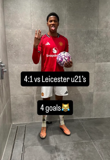 Soccer player in a red jersey holding a ball, making a hand gesture, with text overlays about scoring 4 goals against Leicester u21's.