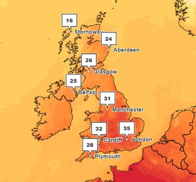 Illustration of a UK heat map showing temperatures ranging from 16°C to 35°C in various cities.