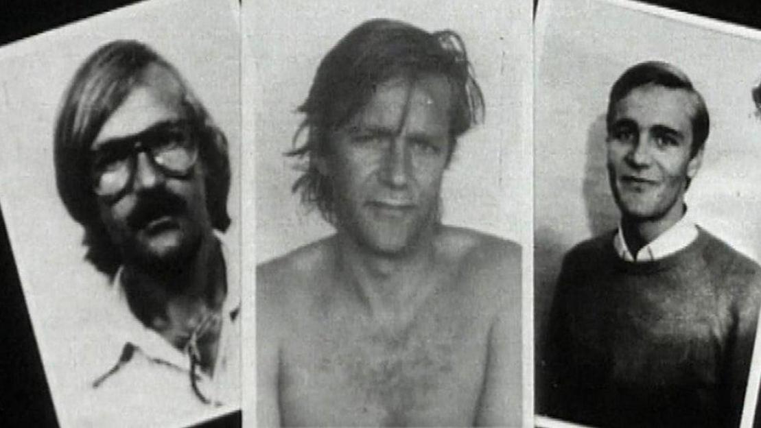 Collage of three black and white images showing Soeren Berg-Arnbak in different disguises: a man with a mustache and glasses, a shirtless man with long messy hair, and a man in a sweater.