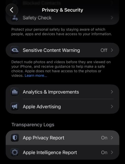 A screenshot of the Privacy & Security settings page on an iPhone.