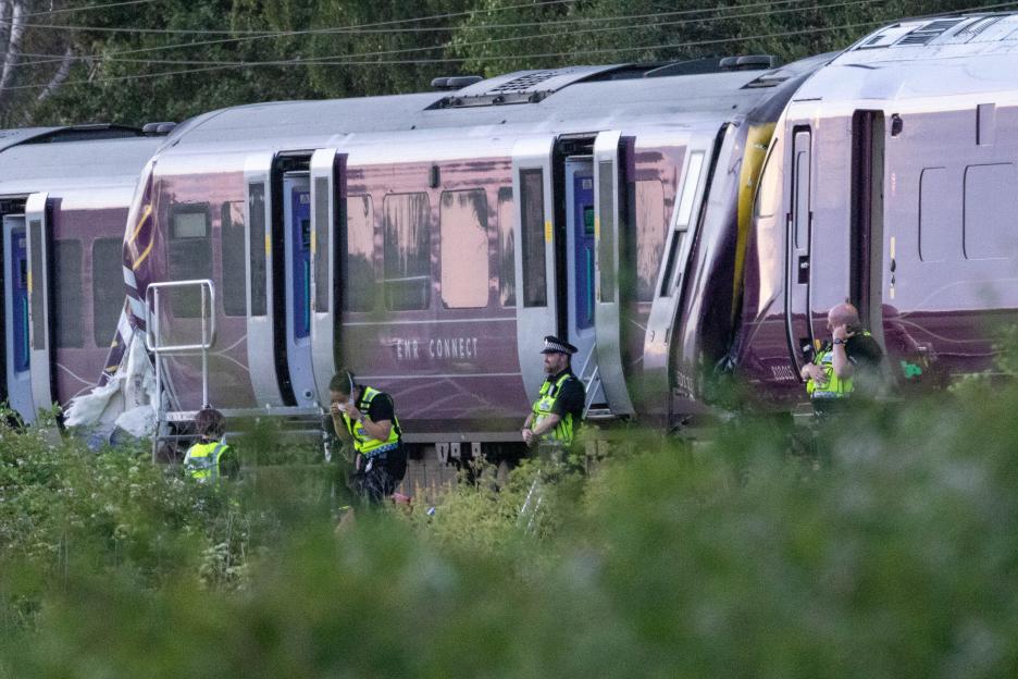 Picture supplied by Bav Media 07976 880732...The picture dated June 19 shows the scene of a collision between two trains just south of Bedford. Two East Midlands train crashed on tracks next to the...