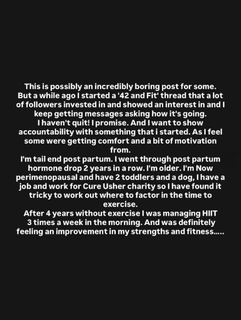 A social media post with white text on a black background discussing a "42 and Fit" thread, postpartum health, perimenopause, motherhood, working for Cure Usher charity, and regaining fitness.