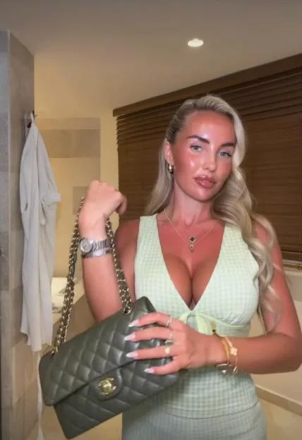 An Instagram story showing a woman in a light green top holding a quilted handbag.