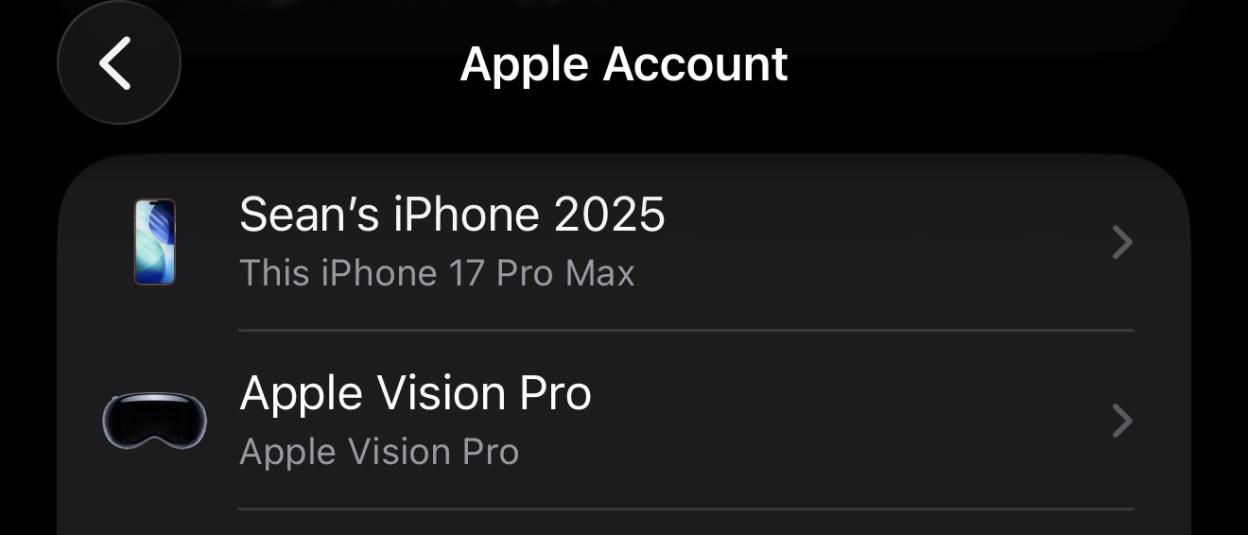 Apple Account screen displaying "Sean's iPhone 2025 (iPhone 17 Pro Max)" and "Apple Vision Pro."