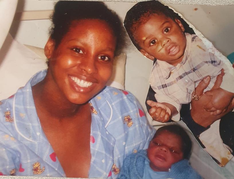 Collage of Benefits Street star Sherrell Dillion smiling, with a photo of a baby boy she is holding and a cut-out photo of a toddler boy.