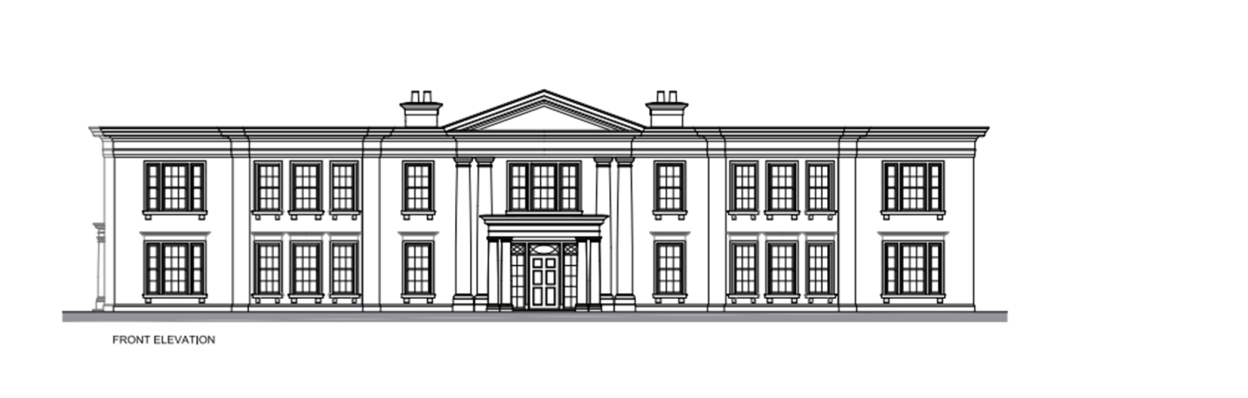 Illustration of a front elevation architectural drawing of a large, classical-style house with multiple windows and a columned entrance.