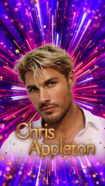Portrait of Chris Appleton with gold lettering of his name over a background of purple and pink light rays.