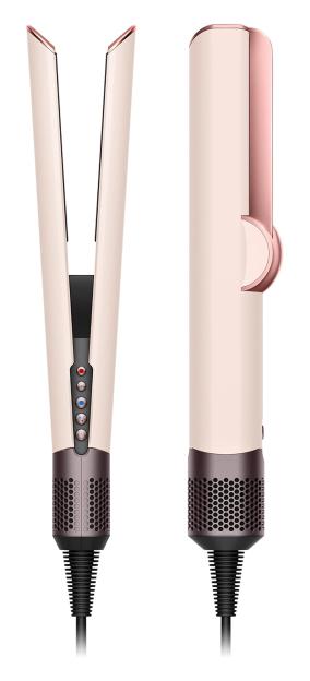 Illustration of a rose gold and beige hair straightener, shown open and closed.