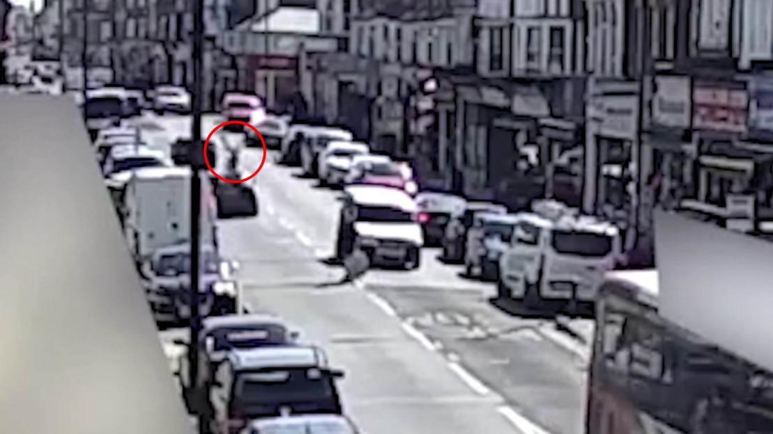 CCTV footage showing Jamie Sutton's grey Audi hitting Michael Piper as he crosses the Northdown Road in Cliftonville, Kent.